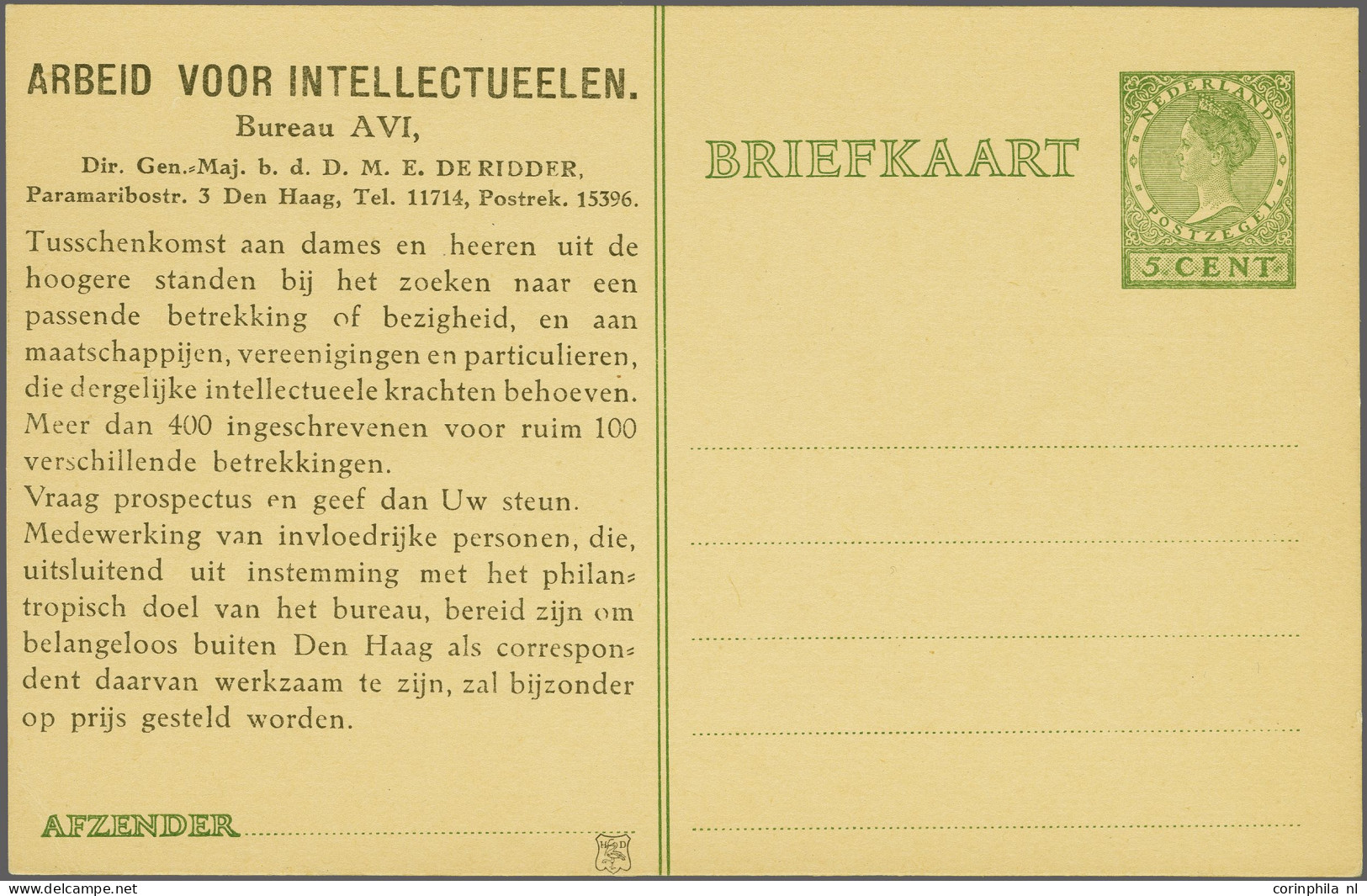 Cover 1927 Huygens, AVI-briefkaart - Arbeid Voor Intellectueelen - Wilhelmina Type Veth 5 Cent Groen Op Roomkleur Met Bi - Postal Stationery