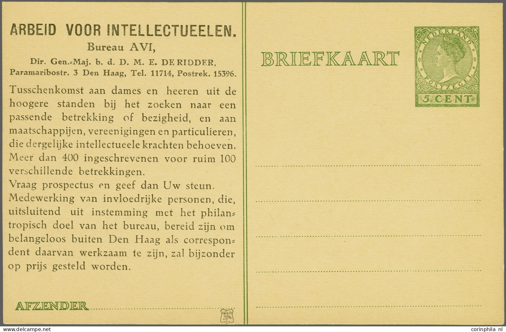 Cover 1927 Huygens, AVI-briefkaart - Arbeid Voor Intellectueelen - Wilhelmina Type Veth 5 Cent Groen Op Roomkleur Met Bi - Material Postal