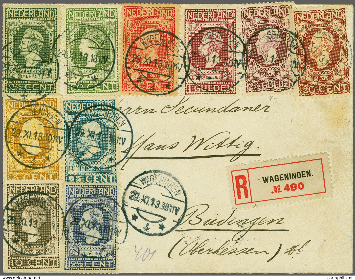 Cover 2½ Cent T/m 2½ Gulden Met 1e Dagstempel Wageningen 29-11-1913 Naar Büdingen (Duitsland), Nr. 99 Met 1e Dagstempel  - Sin Clasificación