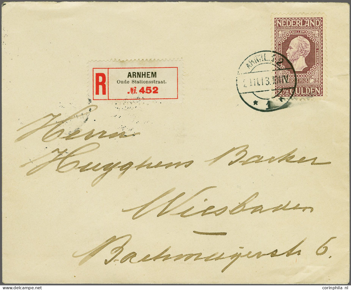 Cover 2½ Gulden Donkerviolet Op Aangetekende Envelop Met 1e-dagstempel 29-11-1913 Naar Wiesbaden, Pracht Ex. Met Certifi - Unclassified