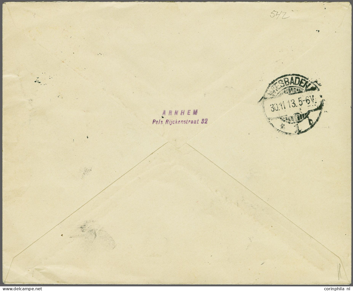 Cover 2½ Gulden Donkerviolet Op Aangetekende Envelop Met 1e-dagstempel 29-11-1913 Naar Wiesbaden, Pracht Ex. Met Certifi - Non Classés