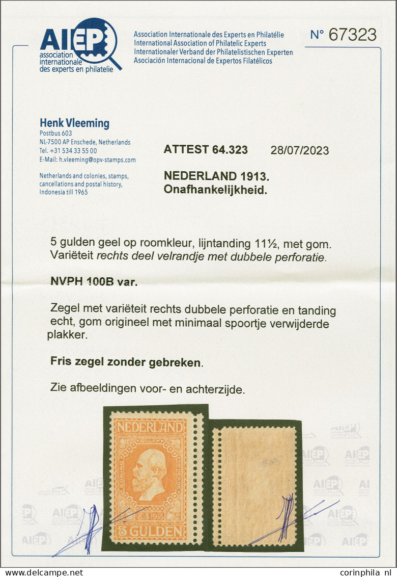 Mounted Mint 5 Gulden Geel Op Roomkleur Met Variëteit Dubbele Perforatie Rechts, Pracht Ex. Met Miniem Plakkerspoortje E - Non Classés