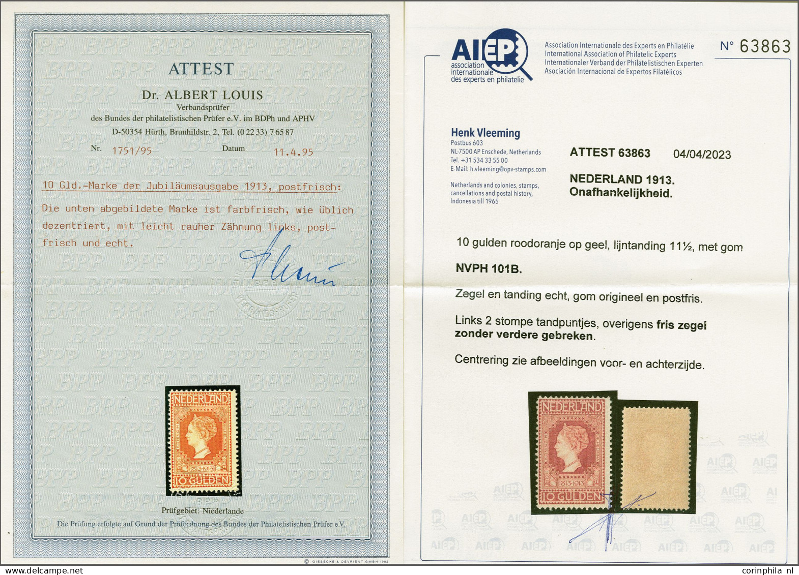 Unmounted Mint 10 Gulden Roodoranje Op Geel Met Certificaten Albert Louis 1995 En Vleeming 2023 (links 2 Stompe Tandpunt - Unclassified
