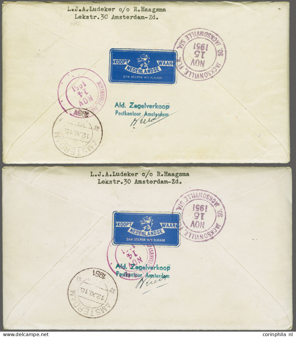 Cover , Airmail Meeuwen 15 En 25 Gulden Op 2 Particuliere, Geïllustreerde Eerstedagenveloppen Van Amsterdam 12-11-1951 N - Non Classés