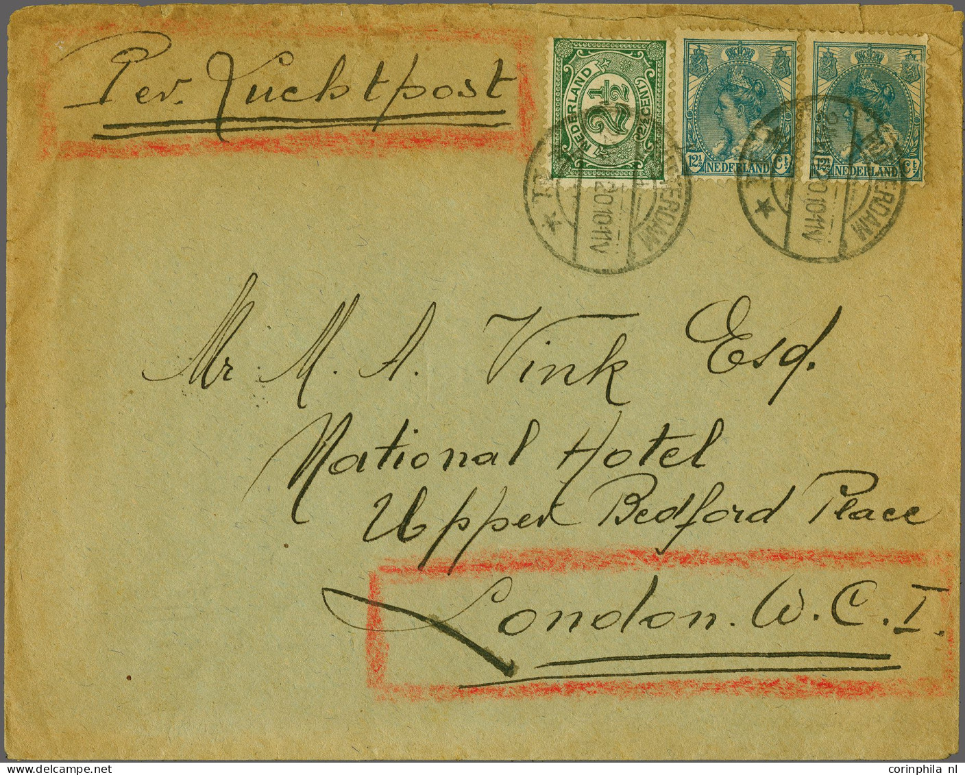 Airmail KLM Vlucht Rotterdam 24.VIII.20 Naar London (aankomststempel LONDON W.C. 24 AU 20 95) Met 2½ Cent Cijfer En Paar - Poste Aérienne