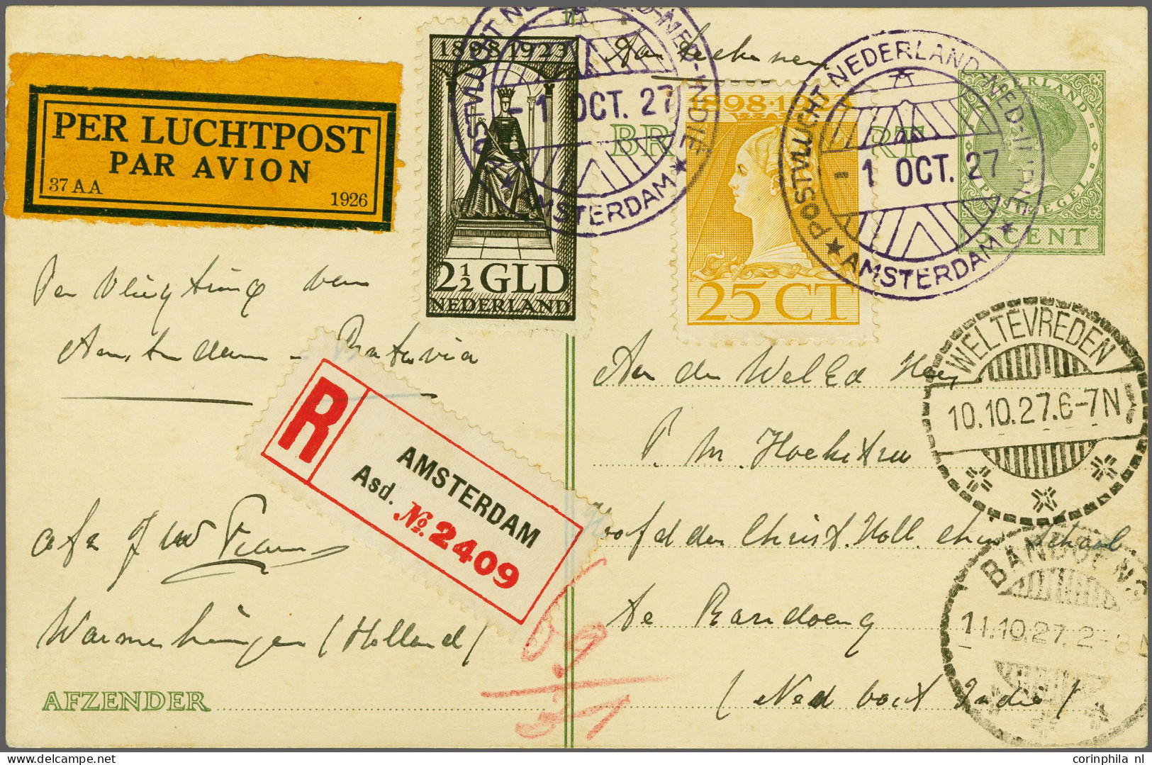 Cover , Airmail Koppen-vlucht 1-10-1927, Aangetekende Briefkaart Van Amsterdam Naar Bandoeng, Gefrankeerd Met O.a. Nr. 1 - Poste Aérienne