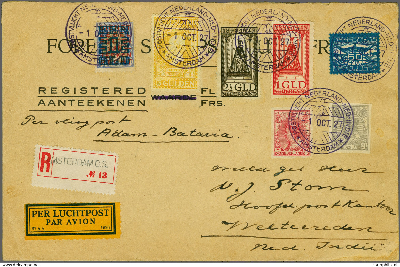 Cover , Airmail Koppenvlucht Envelop Gestempels Aantekenstrookje Amsterdam CS En Gefrankeerd Met O.a. Nrs. 100 En 130 Na - Correo Aéreo