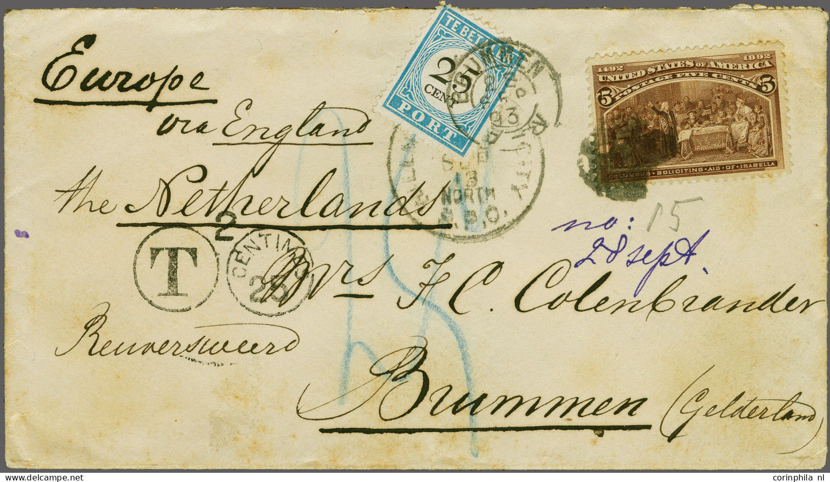 Cover 1881 25 Cent Lichtblauw Op Envelop Uit USA (5 Cents Columbus) Naar Brummen (kleinrondstempel 28-9-1893), Vrijwel P - Postage Due