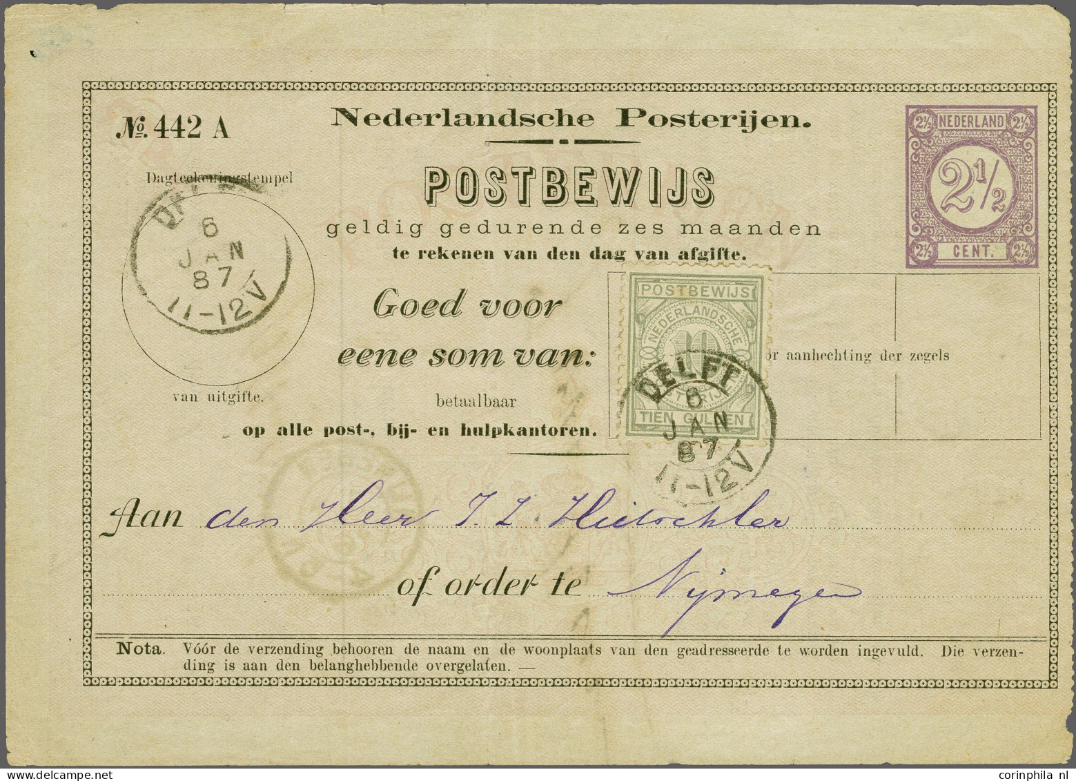 Cover 10 Gulden Grijs Op Postbewijs G. 1 Van Delft 6-1-1887 Naar Nijmegen, Pracht Ex. - Otros & Sin Clasificación