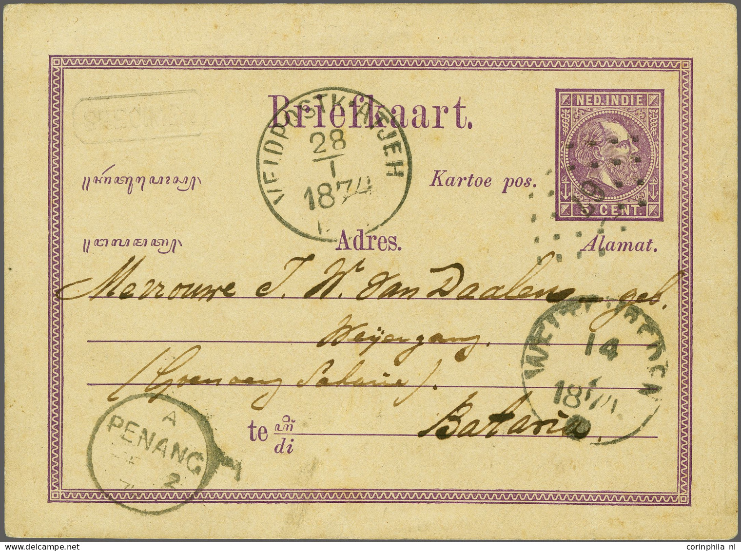 Cover Specimen Briefkaart 5 Cent Met Puntstempel 67 Veldpostk. Atjeh 28/1 1874 No 2 (2 Niet Leesbaar In Afstempeling) Na - Indes Néerlandaises