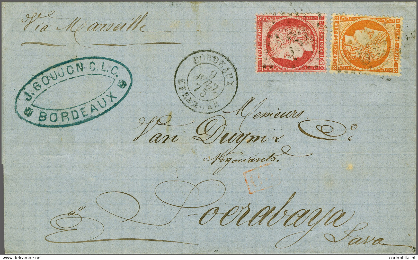 Cover Incoming Mail, 1875 Briefomslag Van Bordeaux Gefrankeerd Met Cérès 40 Centimes Oranje En 20 Centimes Roze Met Gesc - Netherlands Indies