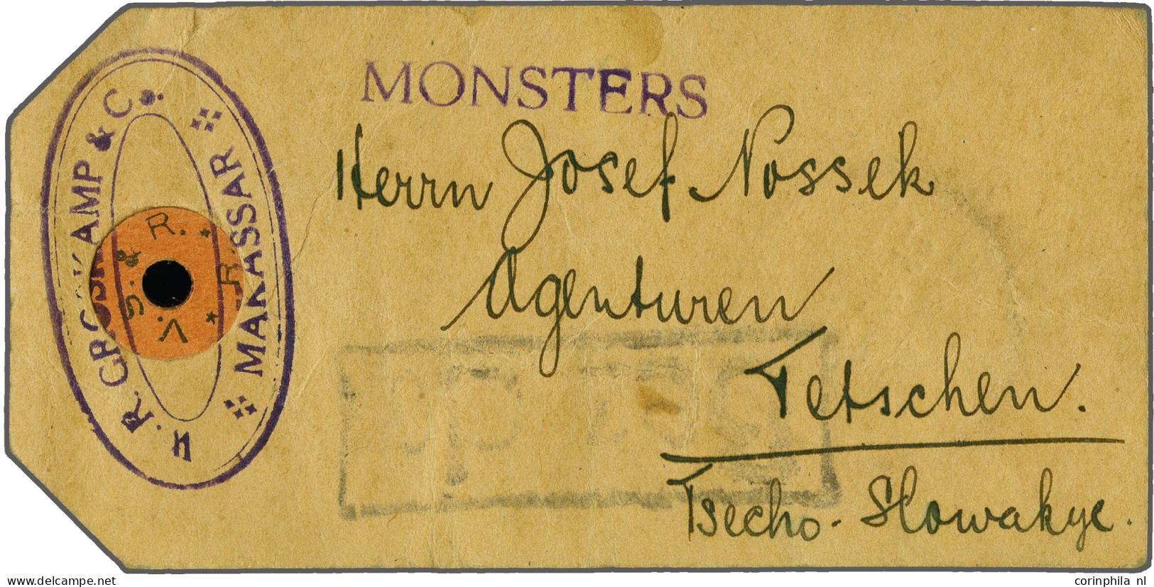 Cover Cijfer 1 En 5 Cent Op Achterzijde Pakketlabel (violet MONSTERS) Makassar-Tetschen Tsjecho-Slowakije 3.2.34 - Indes Néerlandaises