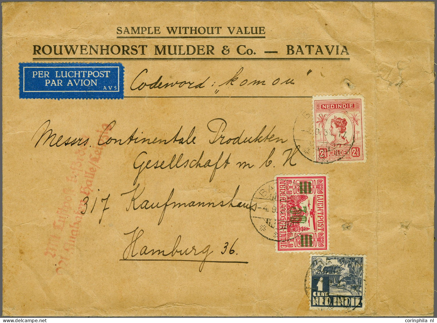 Cover 2½ Gulden Wilhelmina Met 1 Cent Karbouw En 30 Op 10 Cent Luchtpost Op Luchtpost Envelop SAMPLE WITHOUT VALUE (mons - Indes Néerlandaises