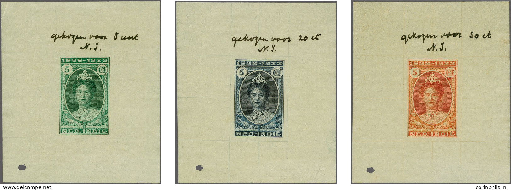 Without Gum Jubileum 1923. Ongetande Stempelproeven 5 Cent Op Velletjes Van Ca. 7 X 8 Cm Met Knipteken, Als PC Nrs. 122a - Netherlands Indies