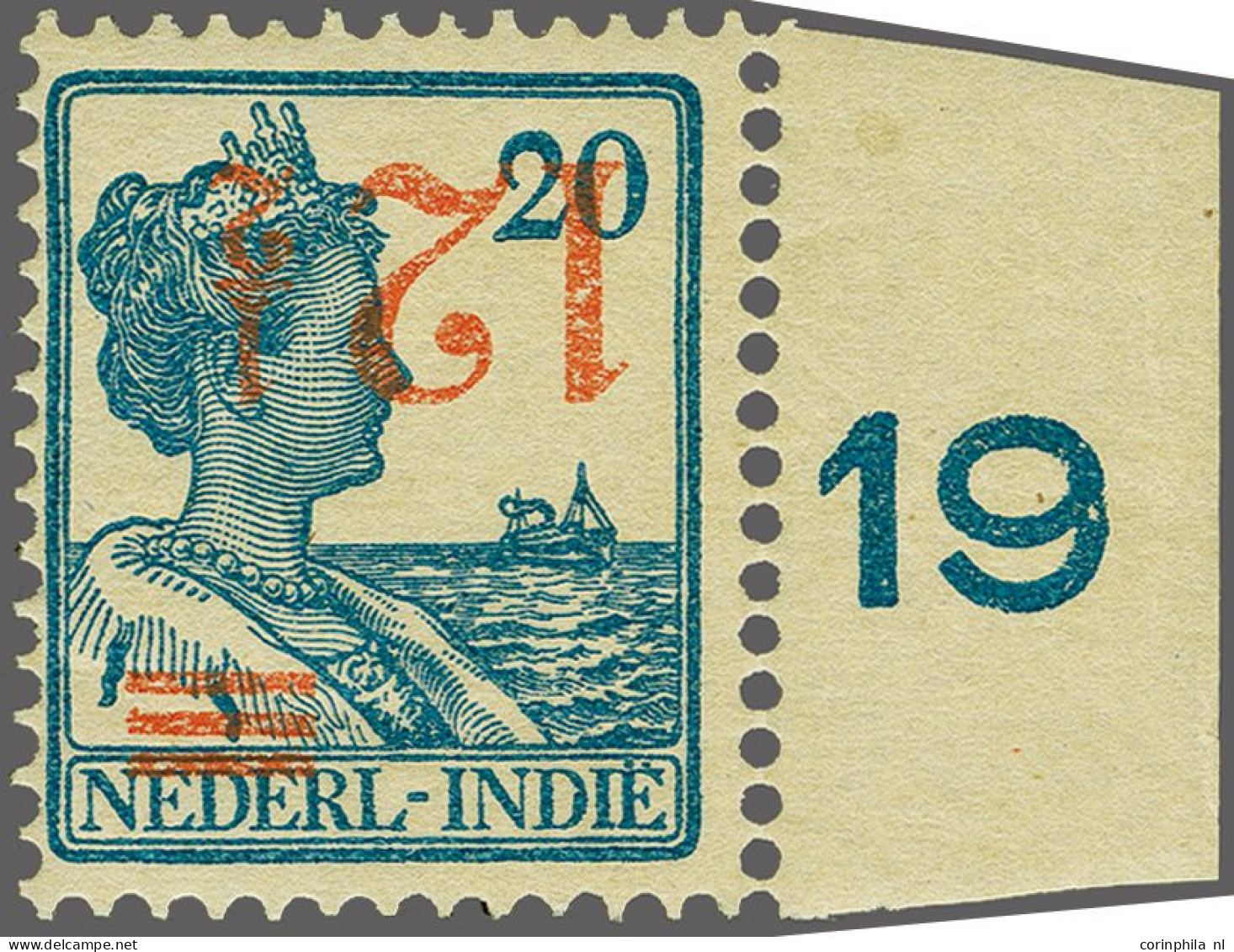 Unmounted Mint Hulpuitgifte 12½ Op 20 Cent Met Variëteit Kopstaande Opdruk Met Velrand, Gesigneerd Hekker, Cat.w. 450+ - Netherlands Indies