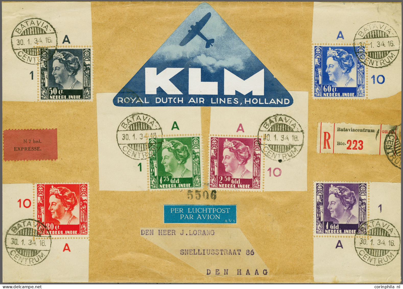 Cover , Airmail Wilhelmina Type Kreisler 50 Cent T/m 2½ Gulden (alle Hoekrandstukken) Op Aangetekende Luchtpost Expresse - Indes Néerlandaises