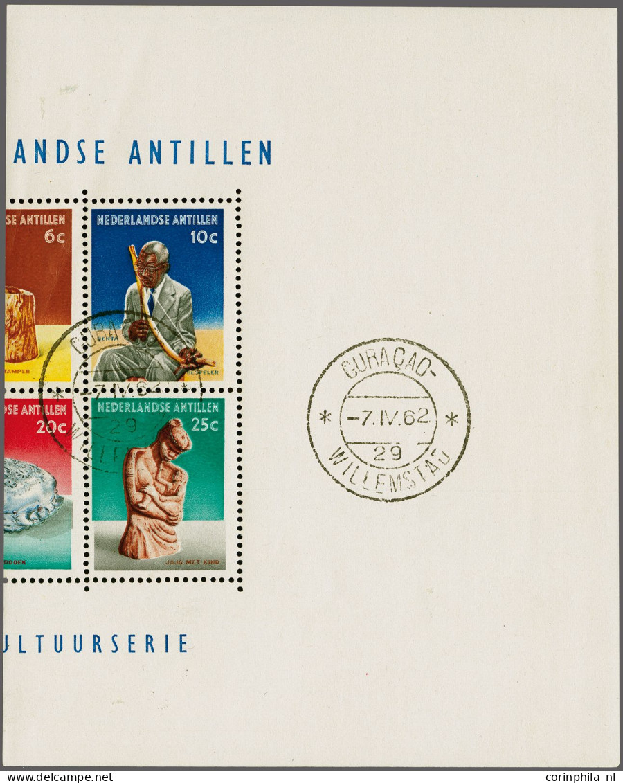 Blok Cultuurzegels 1962, Totaal Versneden, Korte Balk CURAÇAO- WILLEMSTAD 29 -7.IV.62, Pracht Ex. Met Gom, Attest Vleemi - Curacao, Netherlands Antilles, Aruba