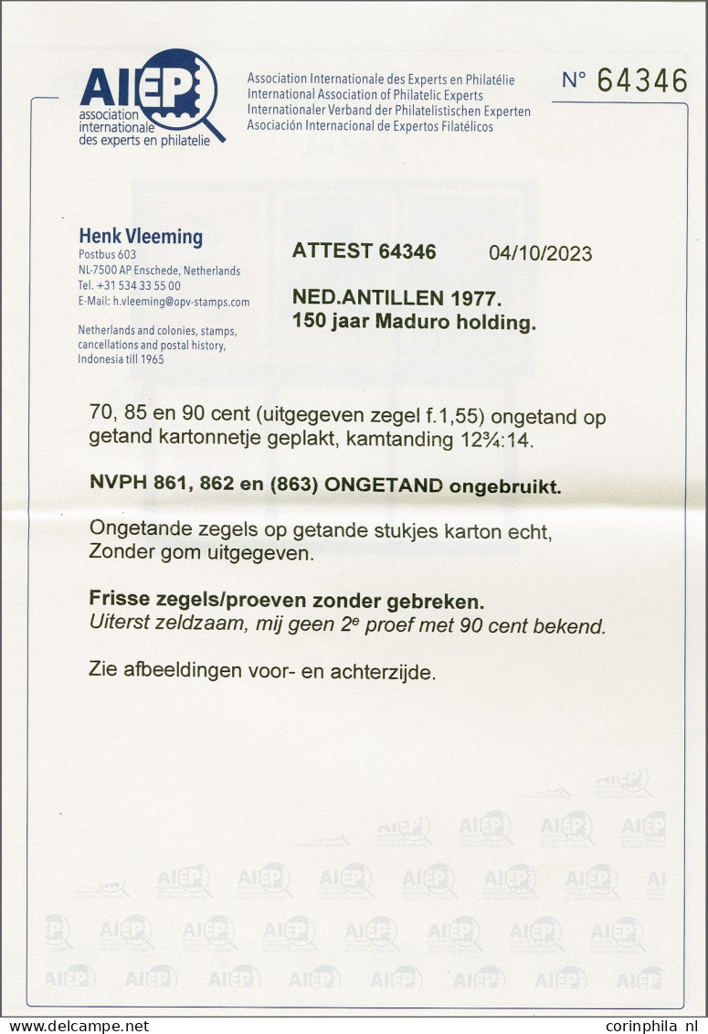 Without Gum 150 Jaar Maduro Holding, Ongetande Proeven, Elk Op Stukje Karton Geplakt En F1,55 Waarde Met Variëteit 90c,  - Curacao, Netherlands Antilles, Aruba