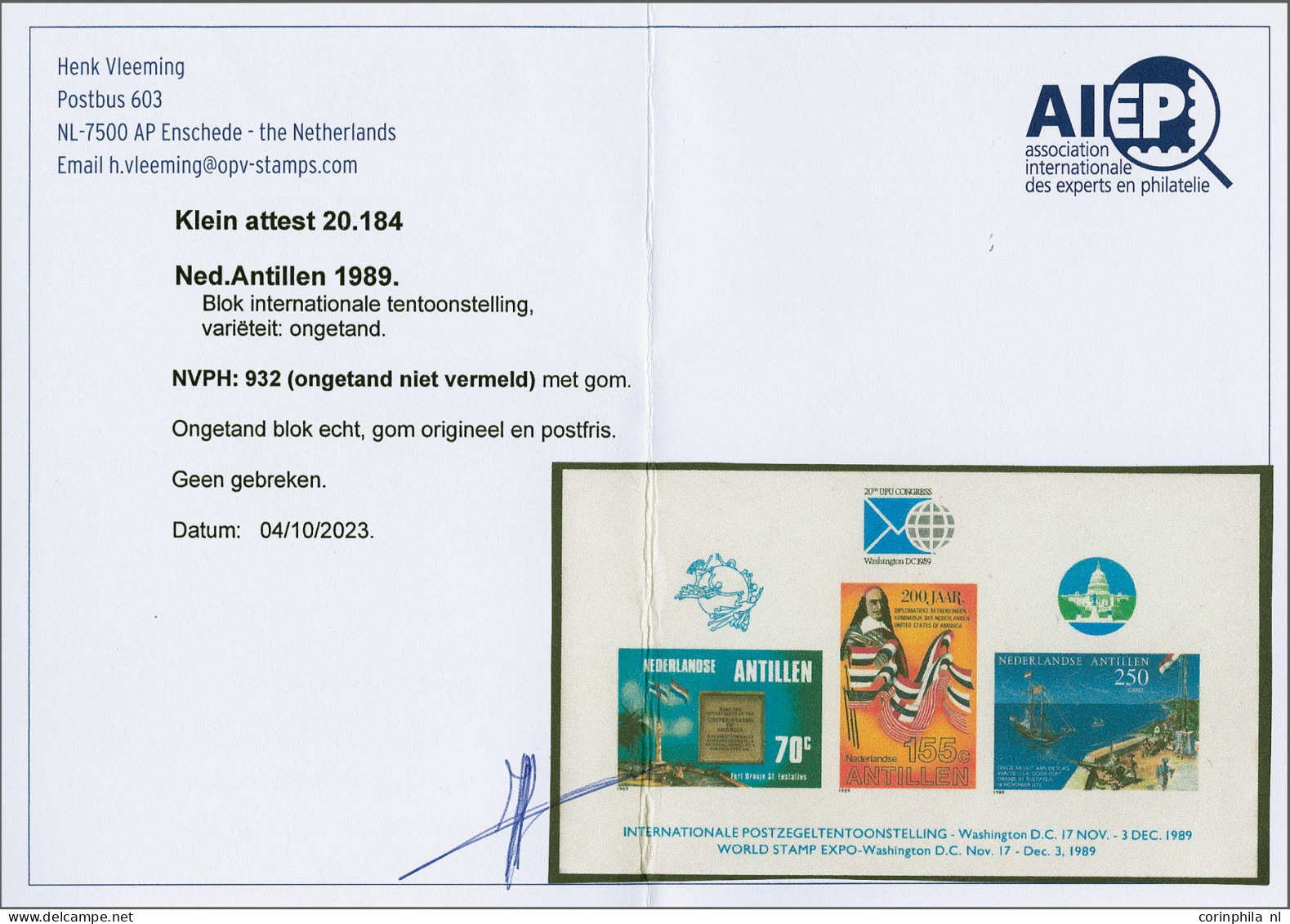 Unmounted Mint Blok Washington Internat. Postzegeltentoonstelling 1989, Variëteit Ongetand, Pracht Ex., Klein Attest Vle - Curazao, Antillas Holandesas, Aruba