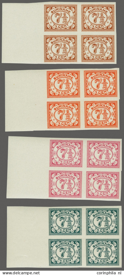 Unmounted Mint , Block Ongetande Kleurproeven Emissie Cijfer 7½ Cent In Bruin, Zwartblauw, Karmijnrose En Oranje In Blok - Suriname ... - 1975