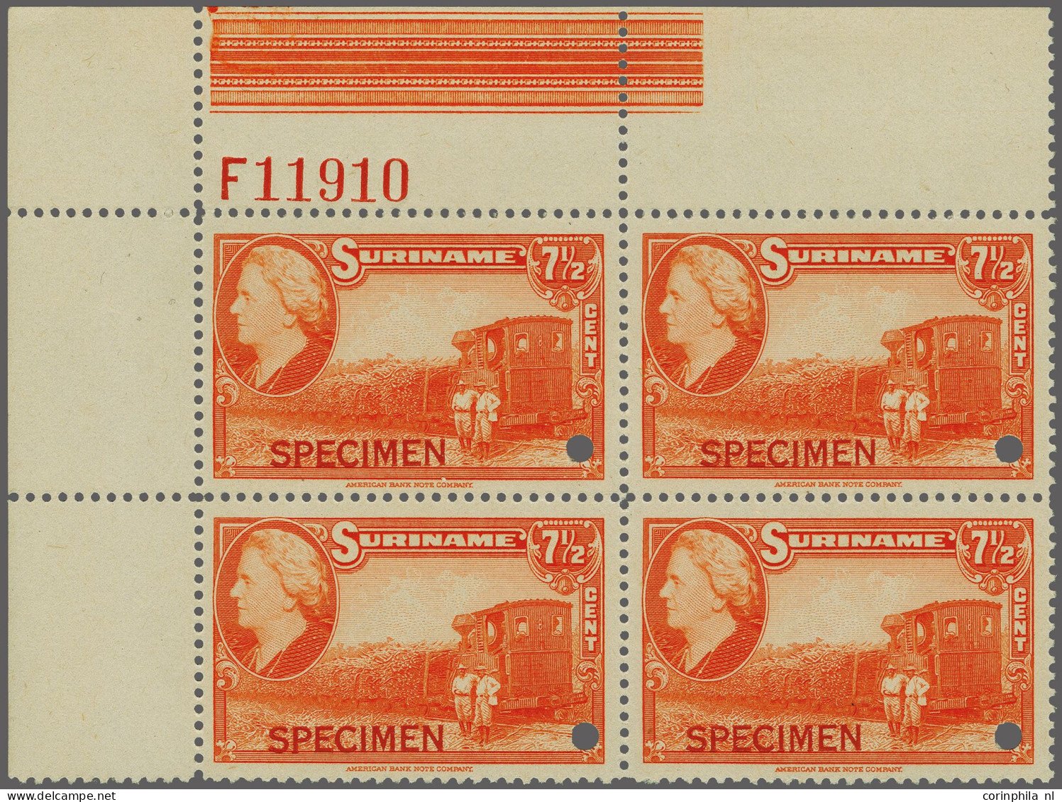 Unmounted Mint , Block Landschappen 1 Cent T/m 7½ Cent Met Specimen En Gatdoorboring In Hoekblokken Van 4 Met Etsingnumm - Surinam ... - 1975