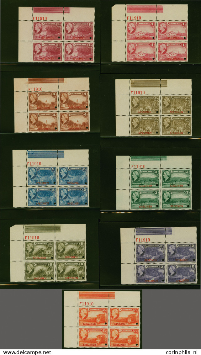 Unmounted Mint , Block Landschappen 1 Cent T/m 7½ Cent Met Specimen En Gatdoorboring In Hoekblokken Van 4 Met Etsingnumm - Surinam ... - 1975