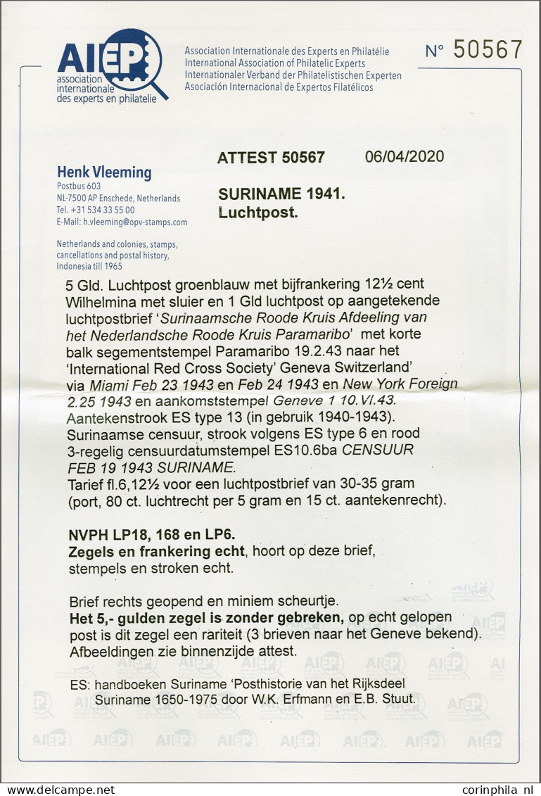 Airmail 5 Gulden Blauwgroen Met 1 Gulden Zwartgrijs En 12½ Cent Sluier Op Aangetekende Rode Kruis Luchtpost Envelop Para - Correo Aéreo