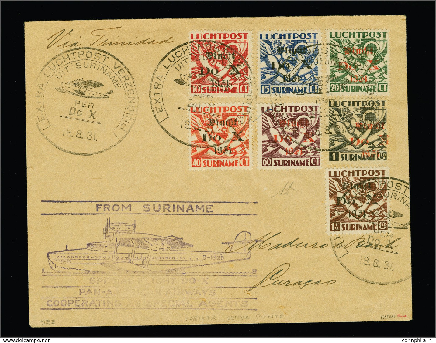 Cover , Airmail Do. X 10 Cent T/m 1½ Gulden, Alle Met Variëteit Zonder Punt Achter Do Op Envelop 18-8-1931 Naar Curacao, - Poste Aérienne