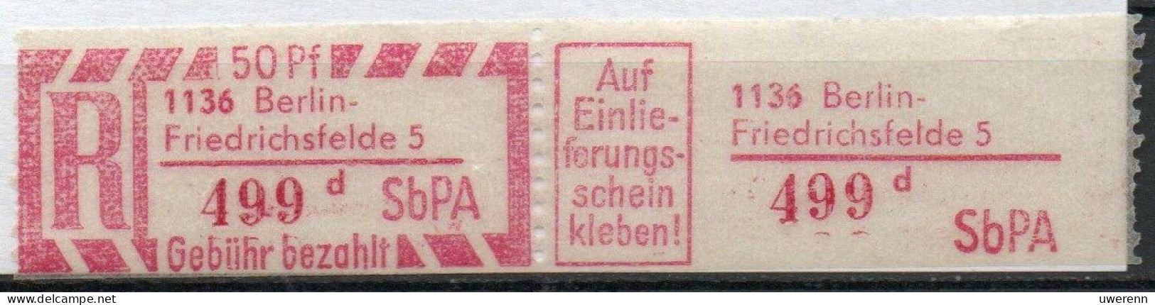 DDR Einschreibemarke Berlin-Friedrichsfelde SbPA Postfrisch, EM2F-1136-5d Zh - R-Zettel