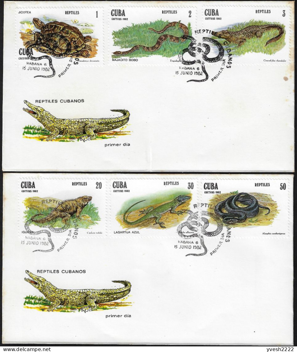 Cuba 1982 Y&T 2369 à 2374 Sur FDC, Reptiles Cubains. Iguane, Lézard, Serpents, Crocodile Et Tortue Communistes - Slangen