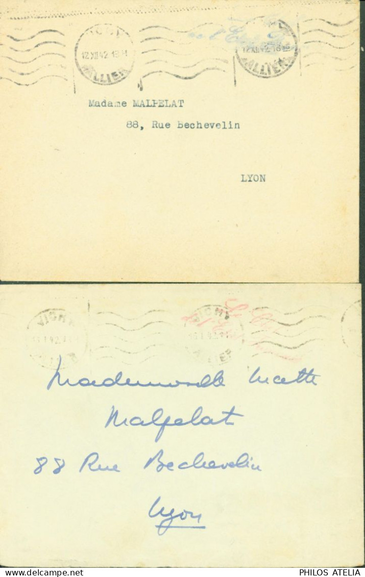 Guerre 40 2 Lettres Avec Cursive Le Chef De L'état Français Bleu Et Rouge Vichy 12 XII 42 & 16 1 42 Maréchal Pétain - Oorlog 1939-45