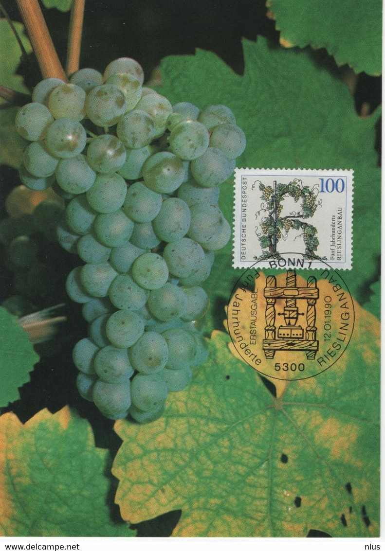 Germany Deutschland 1990 FDC Funf Jahrhunderte Rieslinganbau, Wein Wine Grape Grapes, Maximum Card, Bonn - 1981-2000