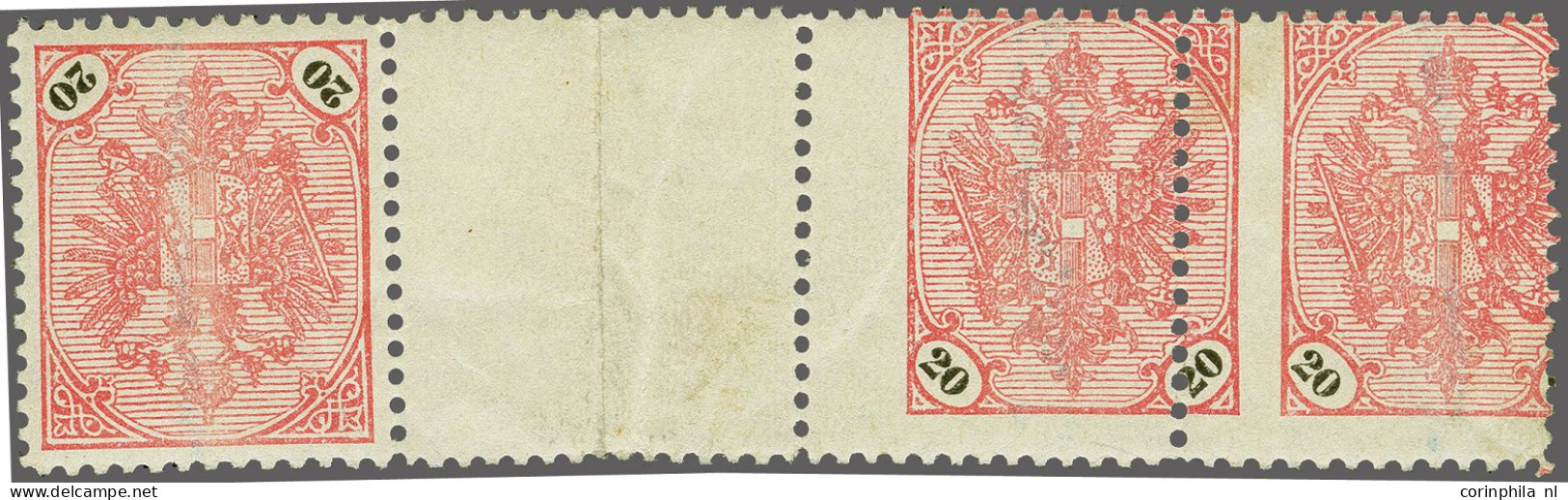 Mounted Mint Coat Of Arms 20 Heller Rose And Black With Variety Perforation Shift In Horizontal  Tête-bêche Pair, Fine/v - Bosnie-Herzegovine