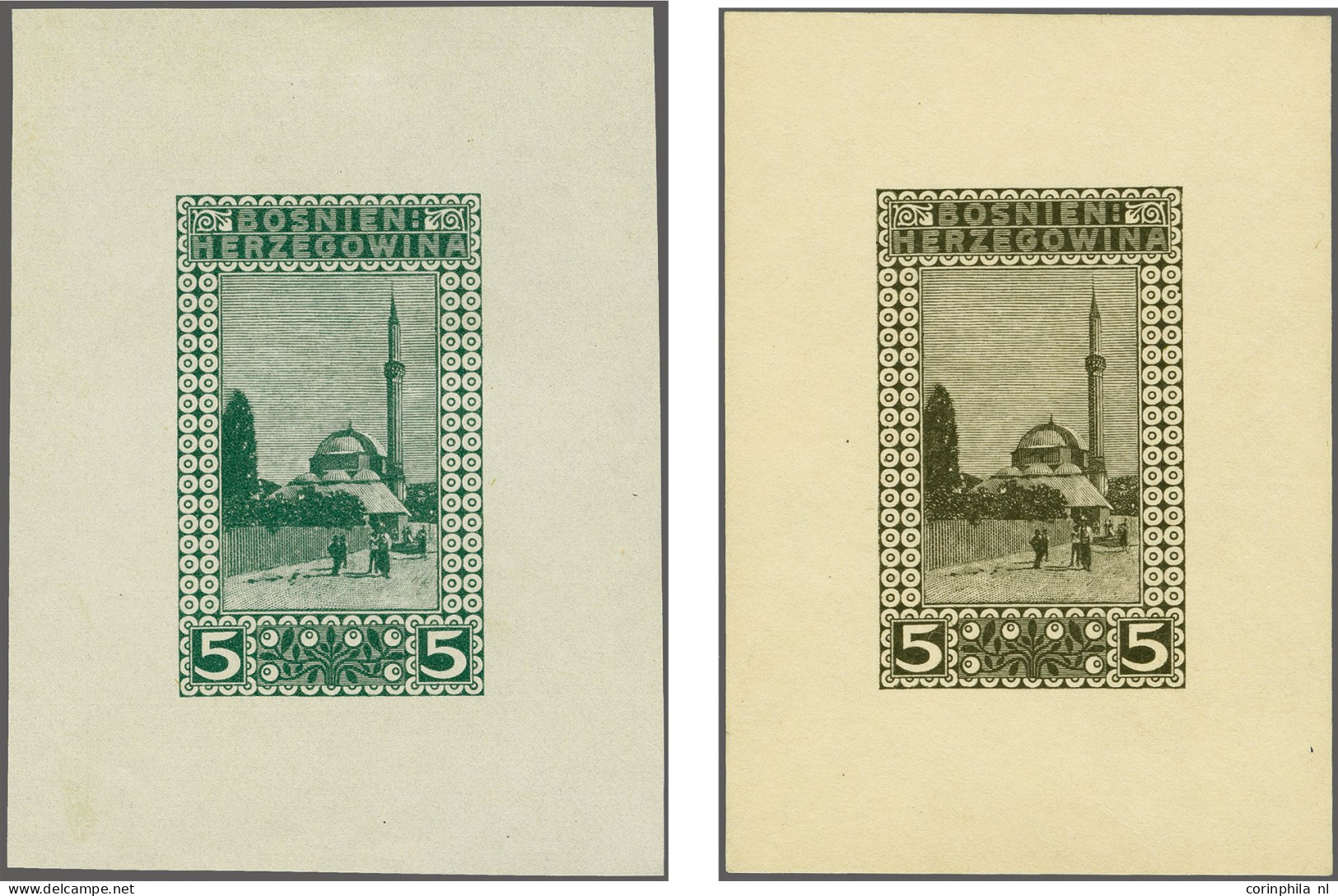 Postal Stationery, 4 Proofs In Black And 3 Shades Of Green On Different Sorts Of Paper For The 5 Heller Karagjoz Mosque  - Bosnia And Herzegovina