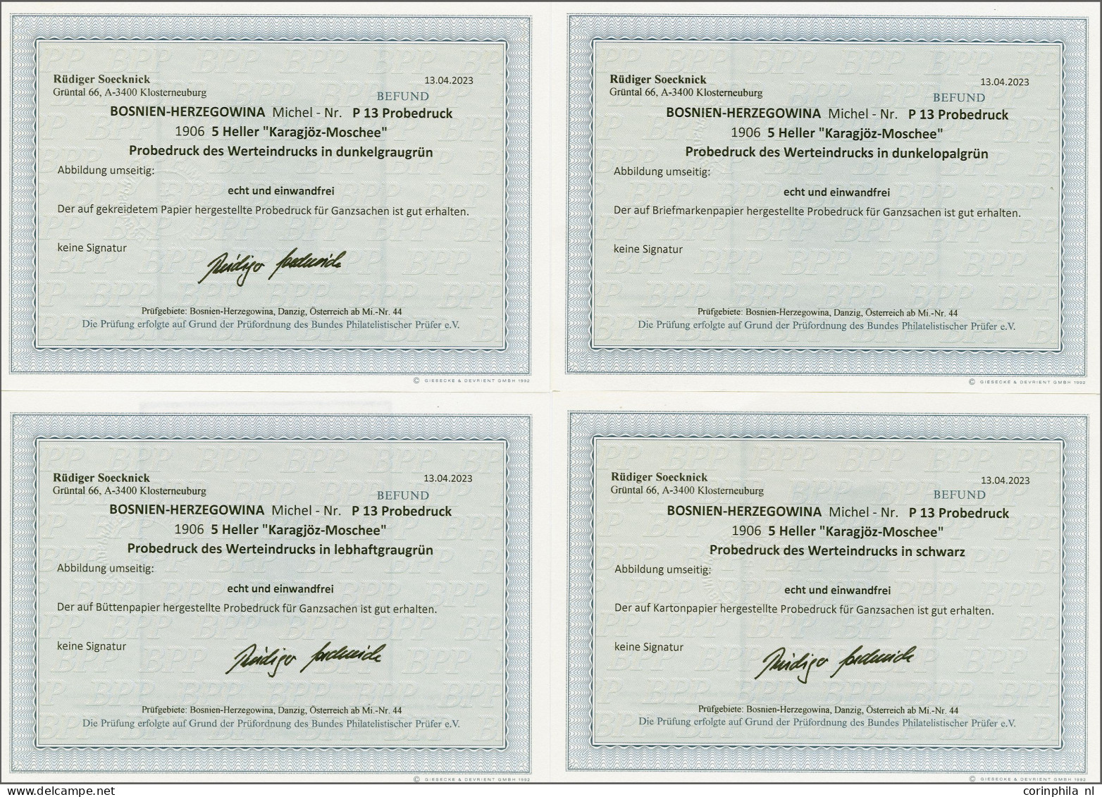 Postal Stationery, 4 Proofs In Black And 3 Shades Of Green On Different Sorts Of Paper For The 5 Heller Karagjoz Mosque  - Bosnia And Herzegovina