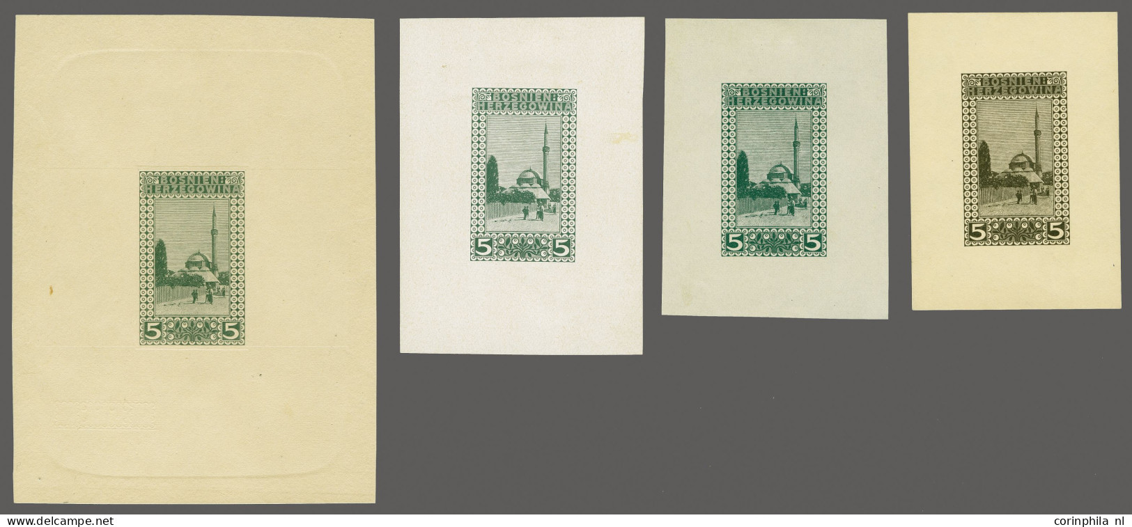 Postal Stationery, 4 Proofs In Black And 3 Shades Of Green On Different Sorts Of Paper For The 5 Heller Karagjoz Mosque  - Bosnie-Herzegovine