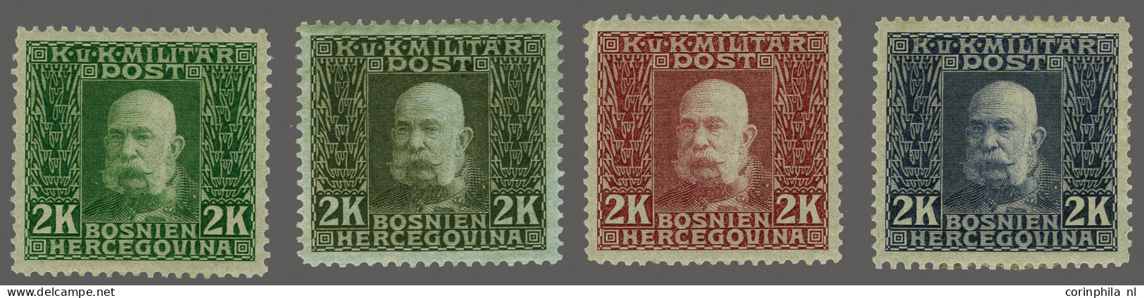Mounted Mint Franz Joseph 2 Kronen, Perforated Colours In Green, Grey Brown, Carmine And Violet, Very Fine Mounted Mint, - Bosnie-Herzegovine