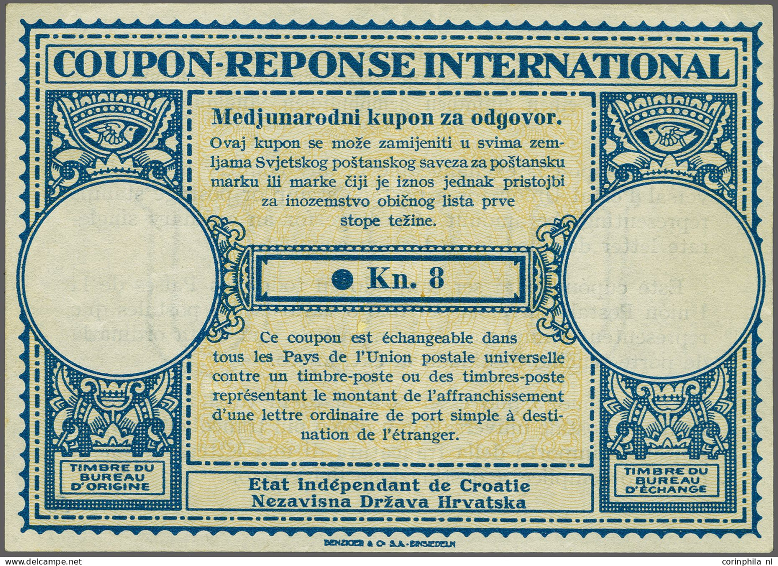 Cover International Reply Coupon, Unused 1943 London Type Kn. 8 With 1987 Velickovic Certificate - Croacia