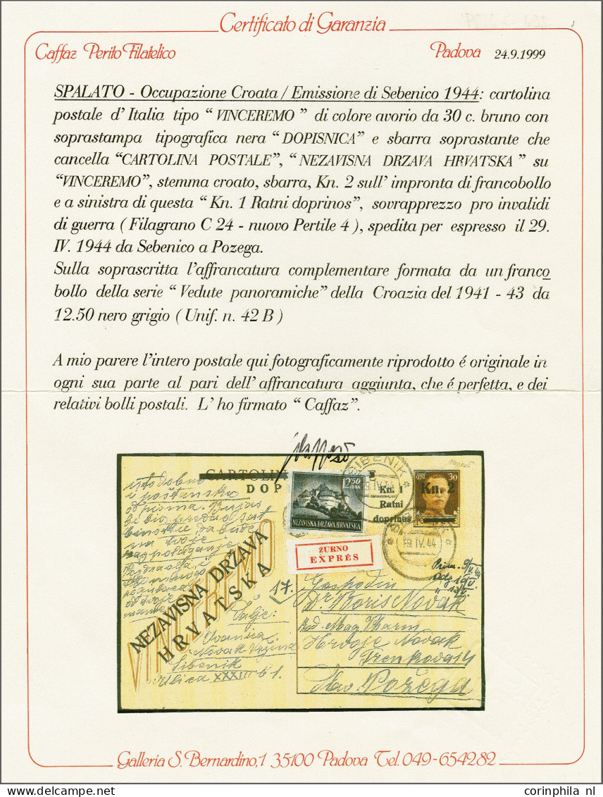 Cover 1944, 2k+1k Overprint On Italian 30c Stationery Card From Sibenik 29-4-1944 To Pozega (Croatia), Uprated With 12,5 - Otros & Sin Clasificación