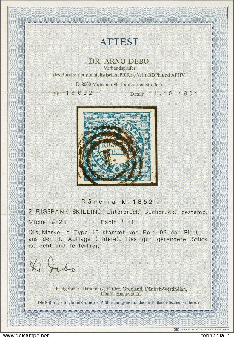 2 Rigsbankskilling Blue Thiele Printing, Very Fine With Arno Debo Certificate (1991), Cat.v. 900  - Other & Unclassified