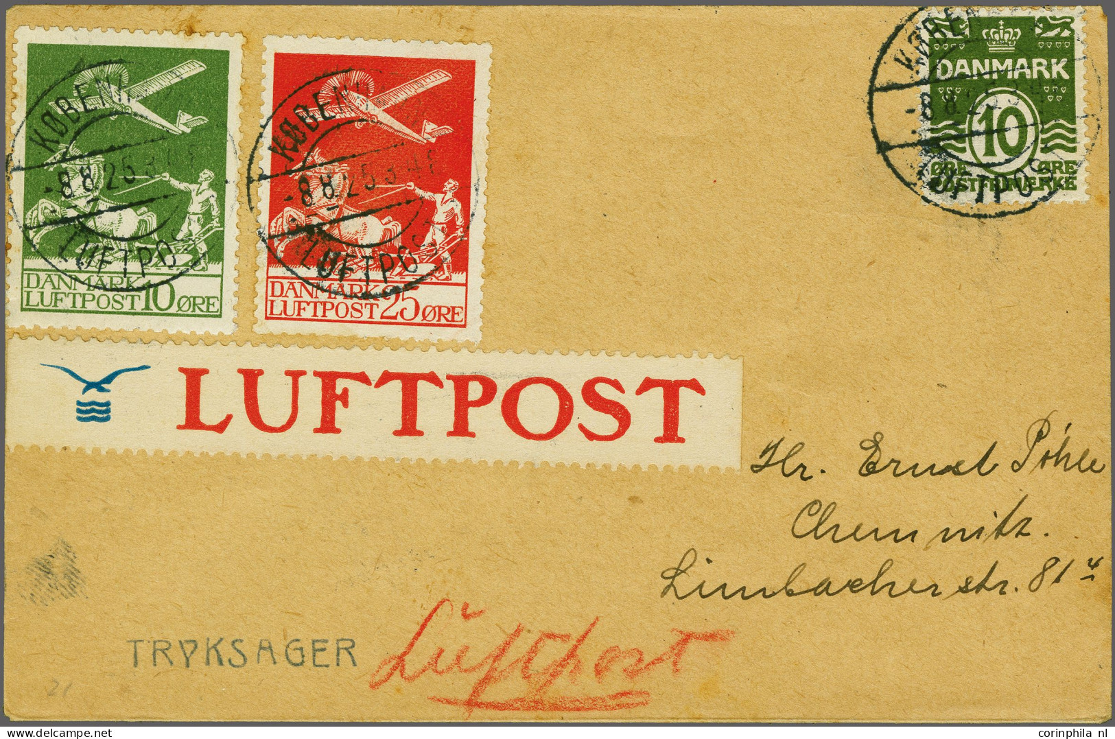 Cover , Airmail Airmail Cover, Not Accepted As Printed Matter, From København 08-08-1925 To Chemnitz, Germany With The A - Otros & Sin Clasificación