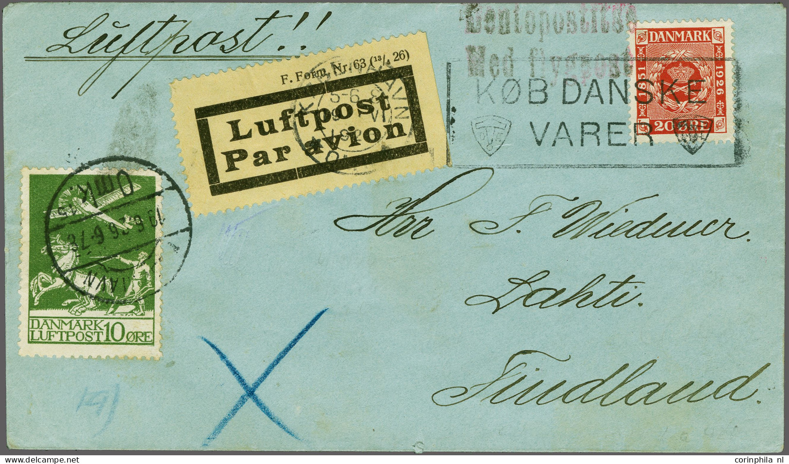 Cover , Airmail Airmail Cover 19-06-1926 From København To Lahti Finland 21-06-1926, Franked With The Airmail Issue Of 1 - Otros & Sin Clasificación