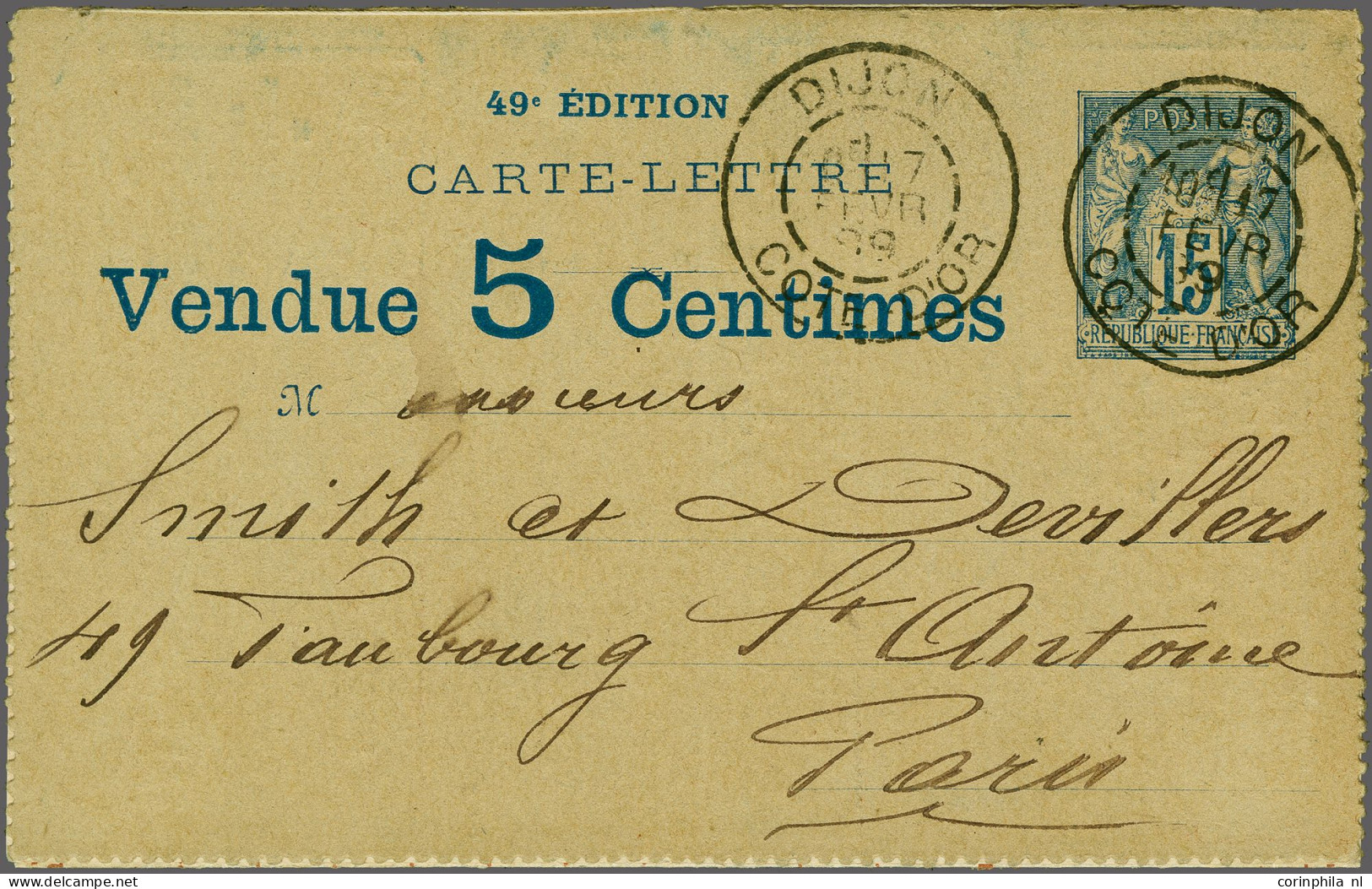 Cover 1889 Sage 15 Cents, Vendue 5 Cents Advertisement Letter Card, Red Brown Printed Inside, Sent To Paris, Fresh Fine - Otros & Sin Clasificación