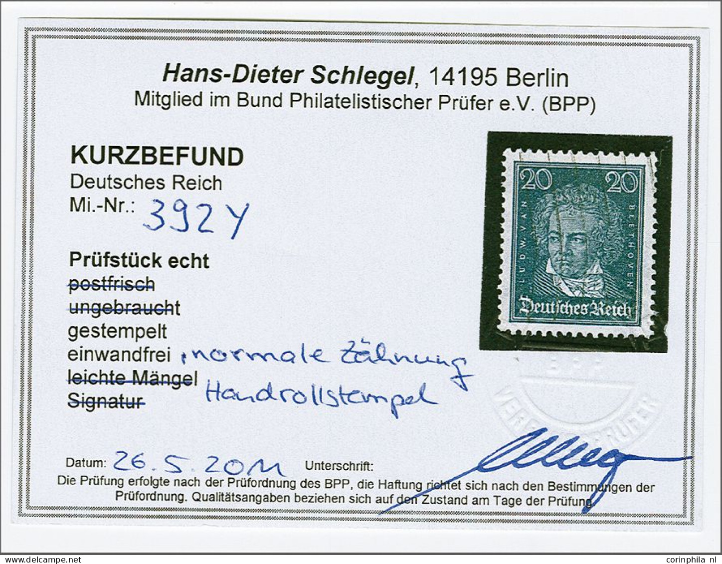 Ludwig Von Beethoven 20 Pfennig Blackish Green With Variety Watermark Sideways, Very Fine With 2011 Hans-Dieter Schlegel - Other & Unclassified