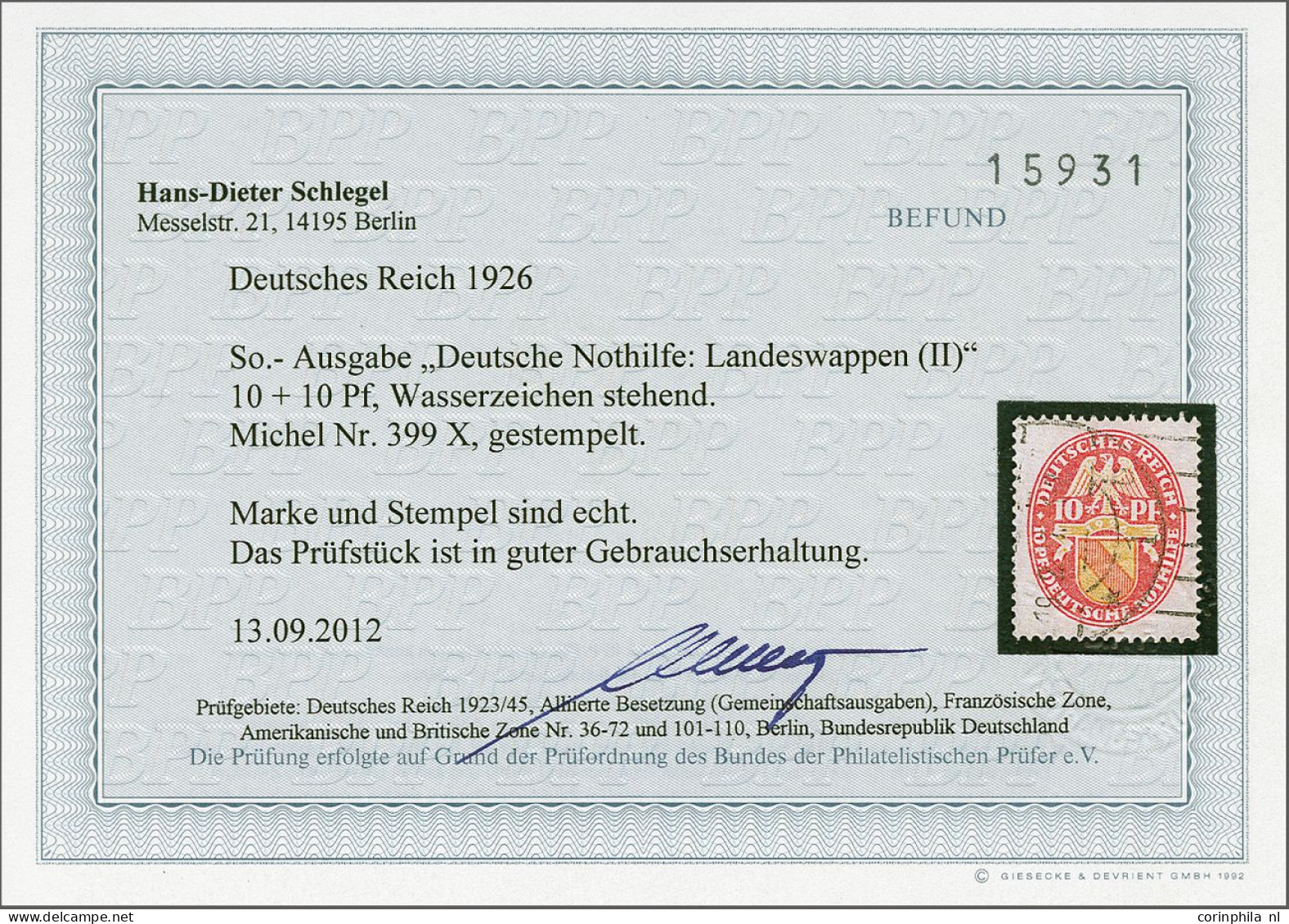 Coat Of Arms Baden 10 Pfennig With Variety Watermark Upright, Very Fine With 2012 Hans-Dieter Schlegel Certificate, Cat. - Other & Unclassified