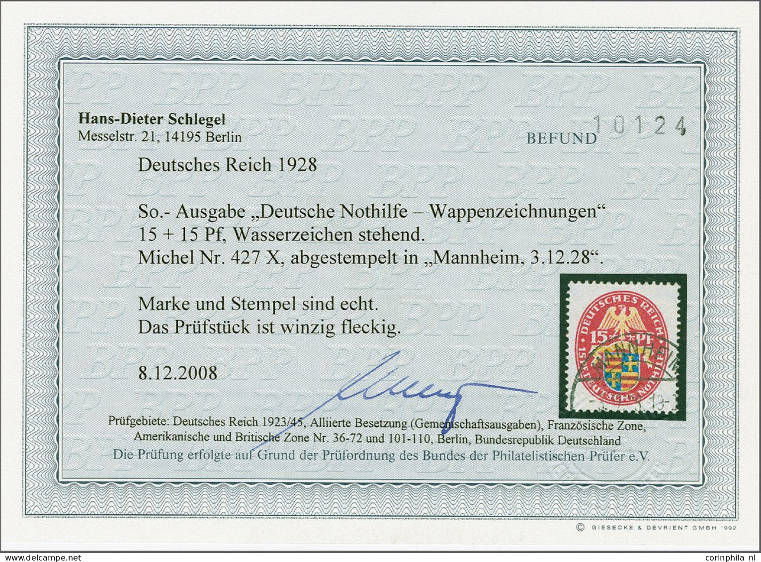 Coat Of Arms Oldenburg 15 Pfennig With Variety Watermark Upright, Very Fine With 2008 Hans-Dieter Schlegel Certificate,  - Other & Unclassified