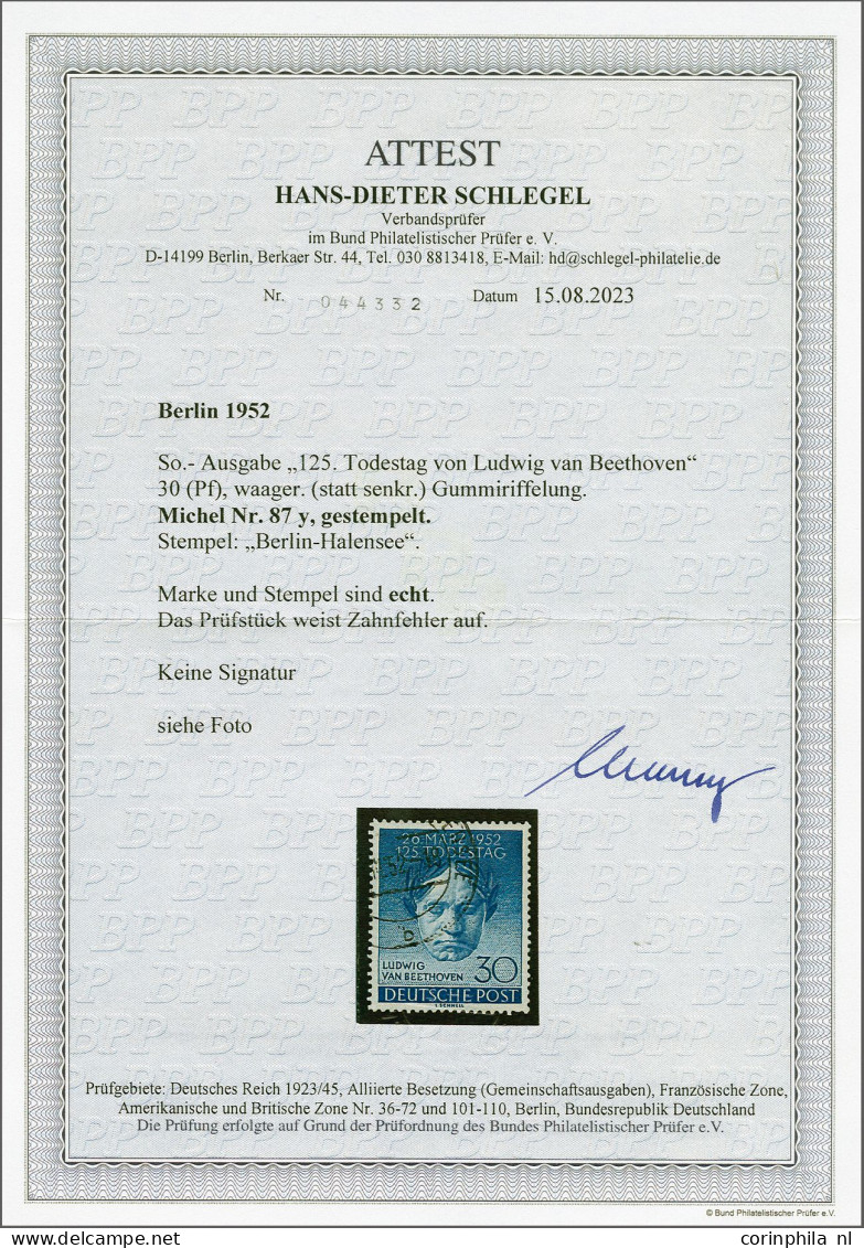 Ludwig Von Beethoven 30 Pfennig Blue With Variety Horizontal "gummiriffelung", Fine/very Fine (short Perf.) With 2023 Ha - Altri & Non Classificati