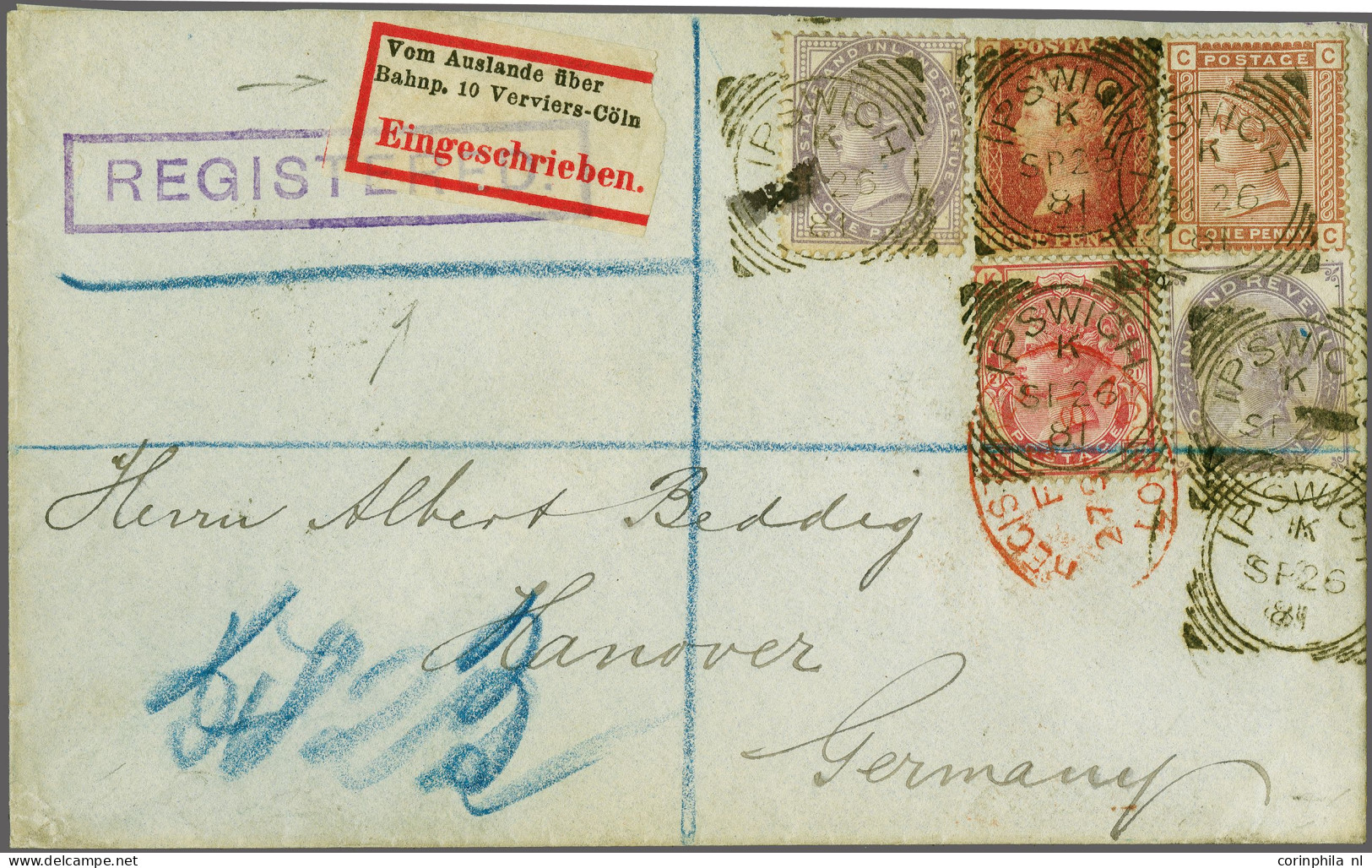 Cover 1881 Postally Used Fiscal On Envelope Sent Registered From Ipswich 1881 To Hannover Germany Bearing A 1d. Inland R - Fiscaux