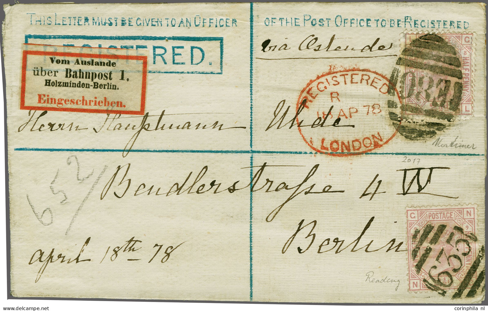 Cover 1877 2½d. Rosy Mauve Plates 8 And 9, On Registered Envelope (2d.) Tied By The Scarce Mortimer E80 Numeral Sent Via - Sin Clasificación