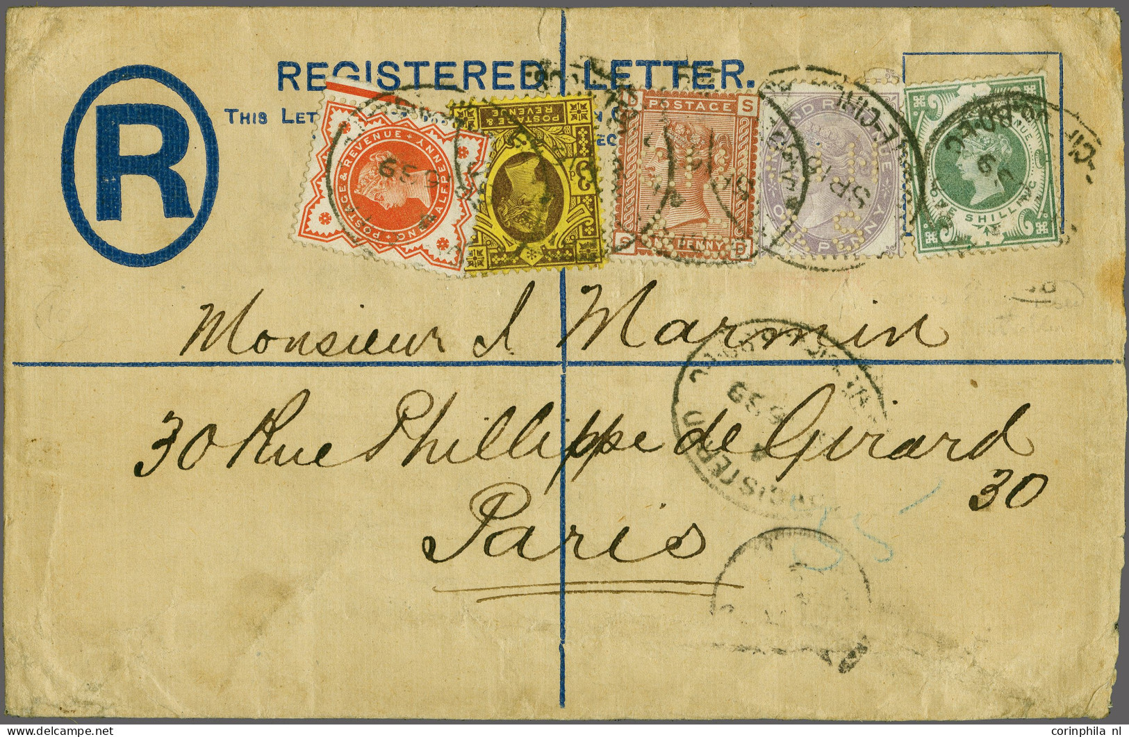 Cover 1881 Postally Used Fiscal On Registered Envelope Sent From London 1889 To Paris France Bearing A 1d. Inland Revenu - Fiscaux